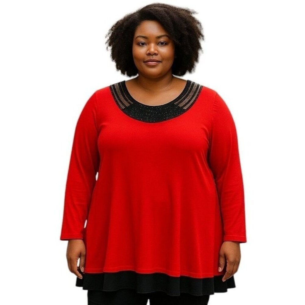 Womens Plus Red Tunic Top With Black Trim Studded Neckline By Avenue Size 18/20
